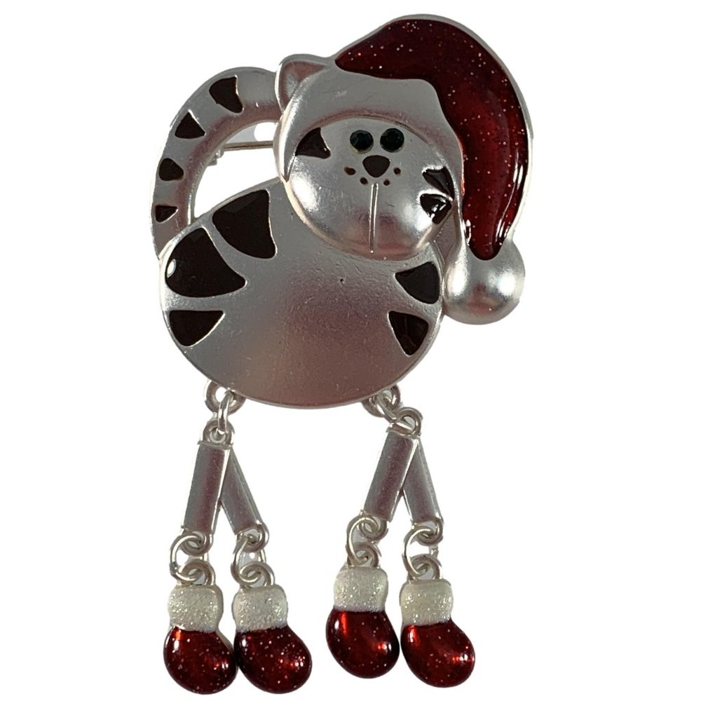 Christmas Cat Brooch Pin Santa Hat Articulated Legs Boots Silver Tone Red Enamel